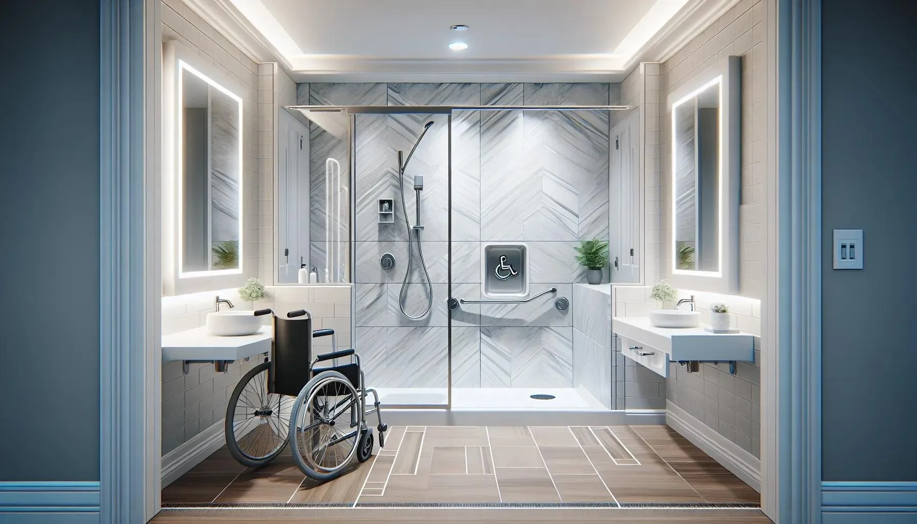 Accessible bathroom design detail with a level-entry shower, grab rails and dual vanities
