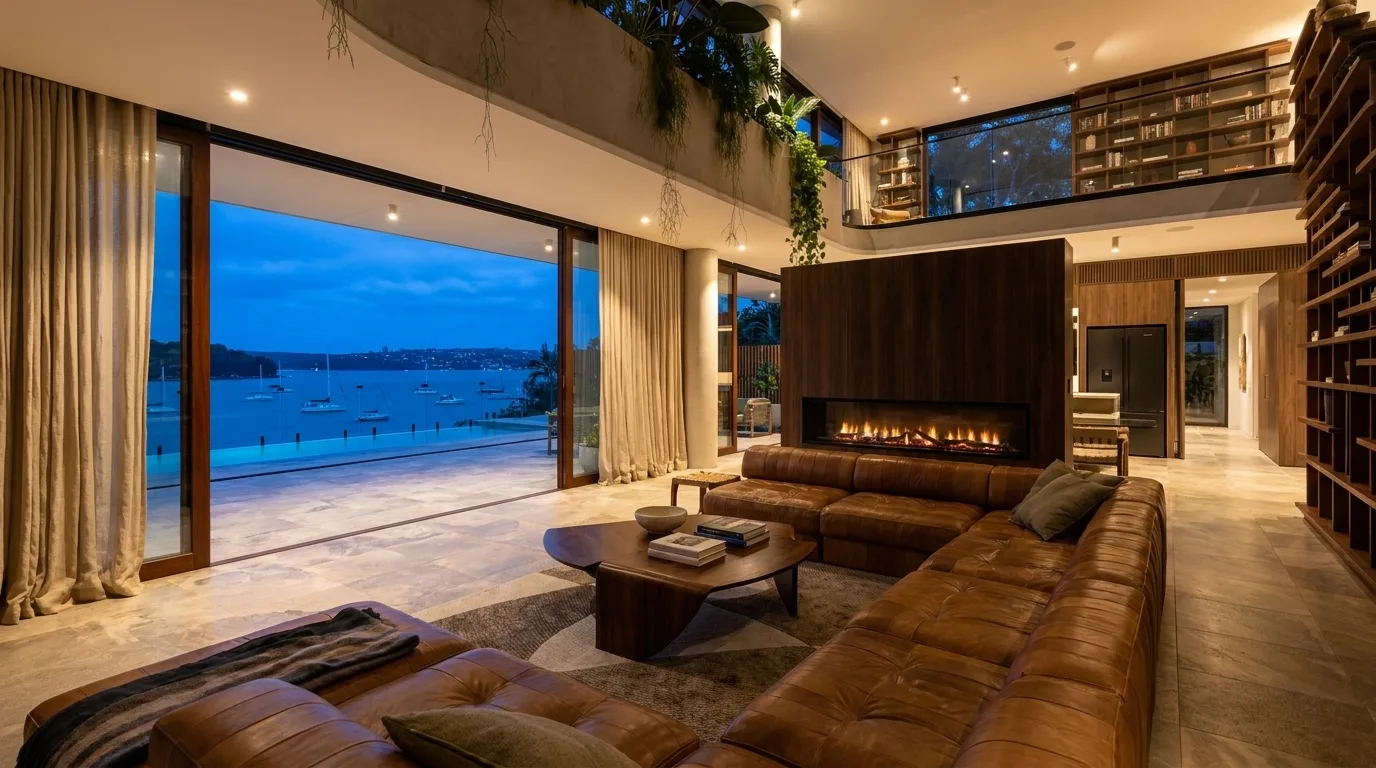 Architectural visualisation of a Green Design Sydney luxury residential living space opening to Sydney Harbour at dusk