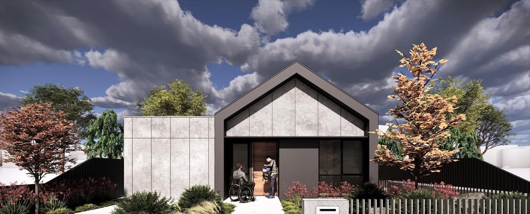 Architectural visualisation of a group home with a level, step-free entry and wide door for wheelchair access