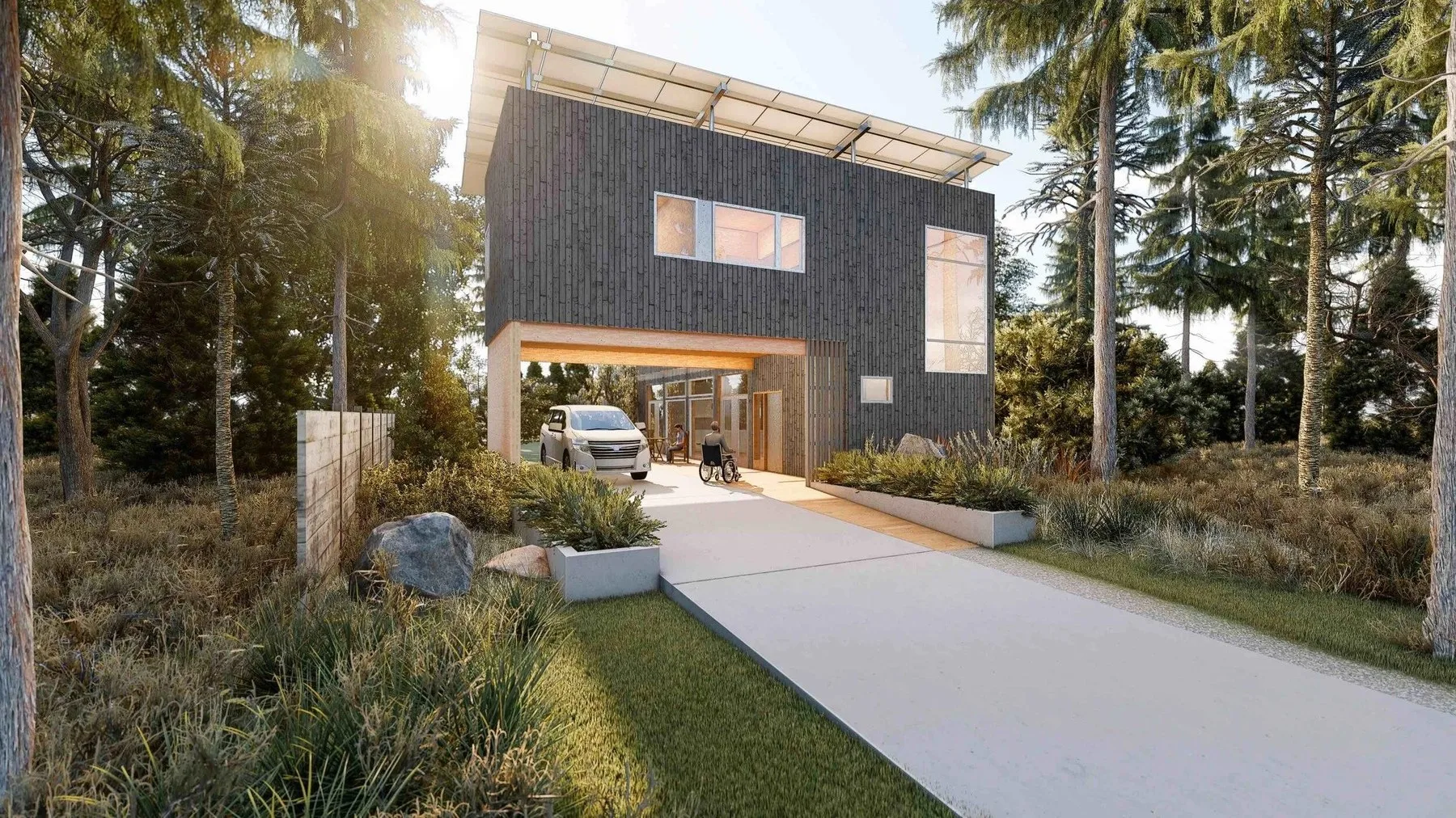 Architectural visualisation of an accessible group home with a level, no-step entry, wide covered carport and wheelchair access to the front door