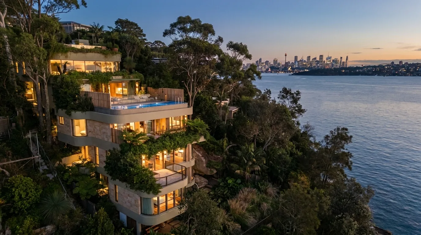 Architectural visualisation of the Harbour Hillside Residence overlooking Sydney Harbour