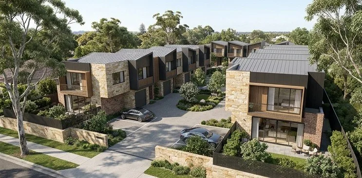 Architectural visualisation of the Hills District Townhouses development with grey brick and timber cladding