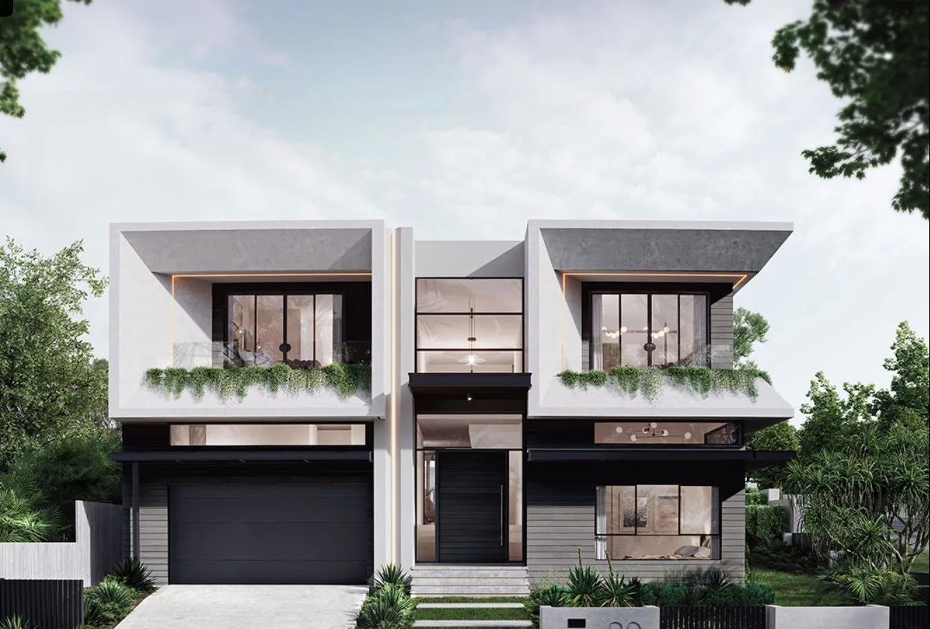 Contemporary architectural duplex residence with symmetrical timber-clad facades either side of a central entry