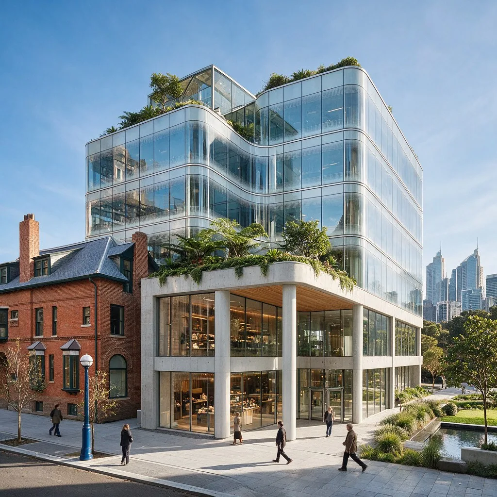 Contemporary commercial mixed-use building with a glass curtain wall and landscaped rooftop terraces beside a retained heritage facade