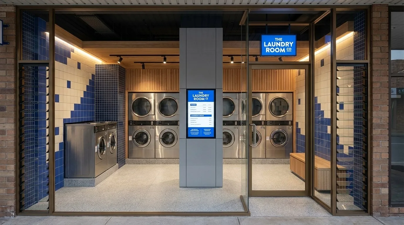 Contemporary self-service laundromat fit-out with tiled feature walls and commercial washing machines