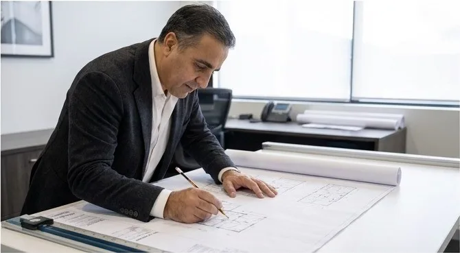 Farshid Hosseini reviewing architectural drawings by hand at his desk