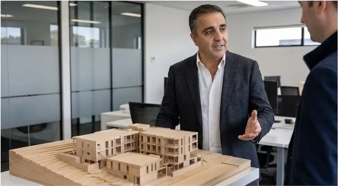 Farshid Hosseini presenting a physical architectural model of a multi-dwelling development
