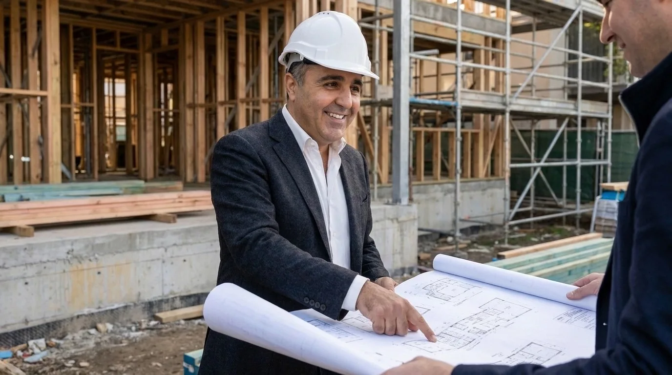 Farshid Hosseini reviewing construction drawings on an active timber-framed building site