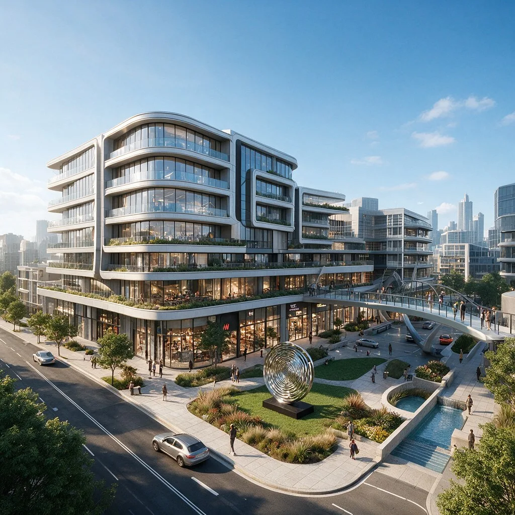 Large-scale mixed commercial development with ground-floor retail, office levels above and a landscaped public plaza